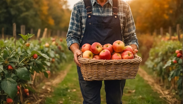 mains masculines avec un panier de pommes mûres dans la nature