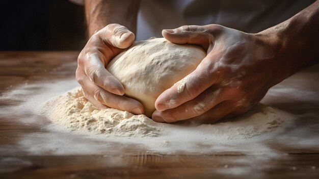 Des mains masculines qui pétrissent de la pâte sur une table en bois en gros plan