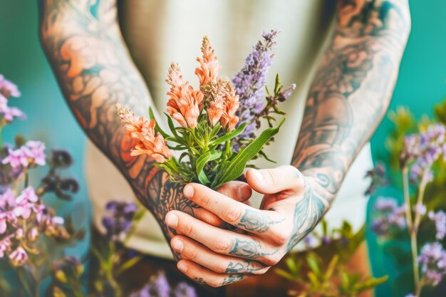 Photo des mains masculines tatouées tiennent un délicat bouquet de fleurs sauvages sur un beau fond floral