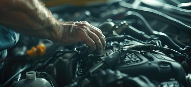 Photo des mains de mécanicien réglant les détails du moteur d'une voiture