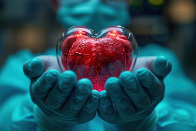 Des mains de médecins tenant un cœur humain sur un fond bleu.