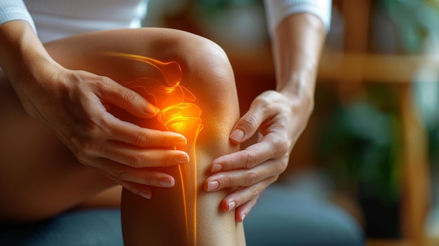 Les mains des médecins touchant la région du genou d'une femme 39 douleurs osseuses ou lésions des ligaments déchirés dans la zone du genou