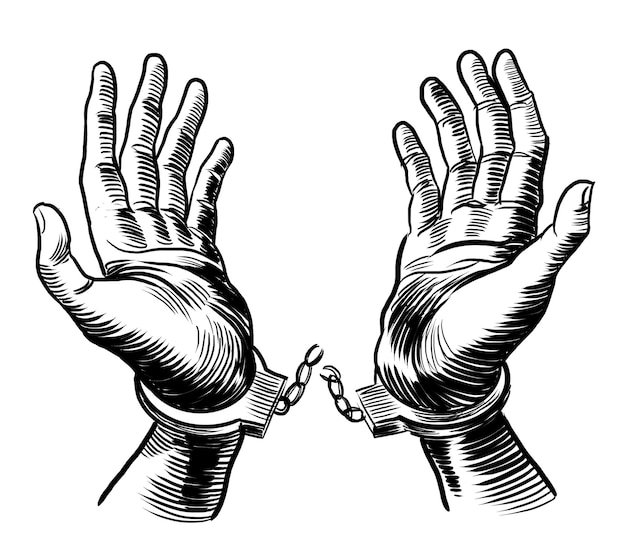 Des mains menottées dessin en noir et blanc