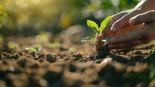 Les mains nourrissent un jeune arbre dans le sol symbolisant la croissance et le soin de l'éco