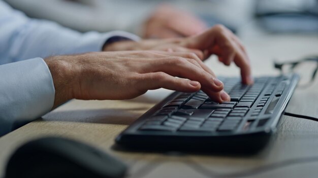 Les mains de l'opérateur en train de taper sur le clavier, le directeur de bureau en train de travailler, le clic de la souris.