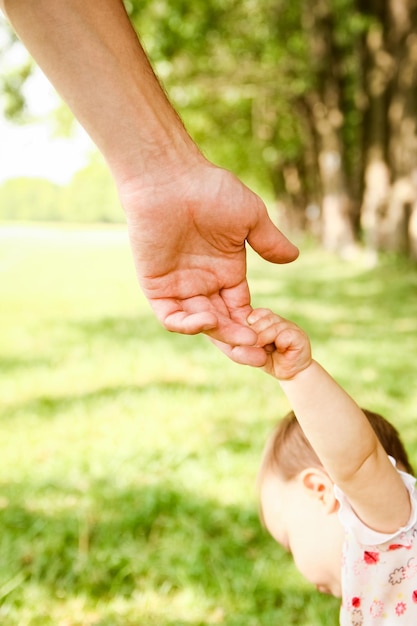 Mains d'un parent heureux et enfant dans la nature