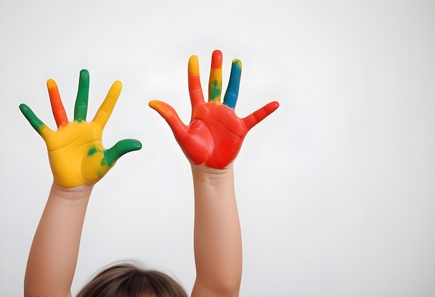 Photo des mains peintes de couleurs d'un jeune enfant élevé avec un visage souriant en arrière-plan