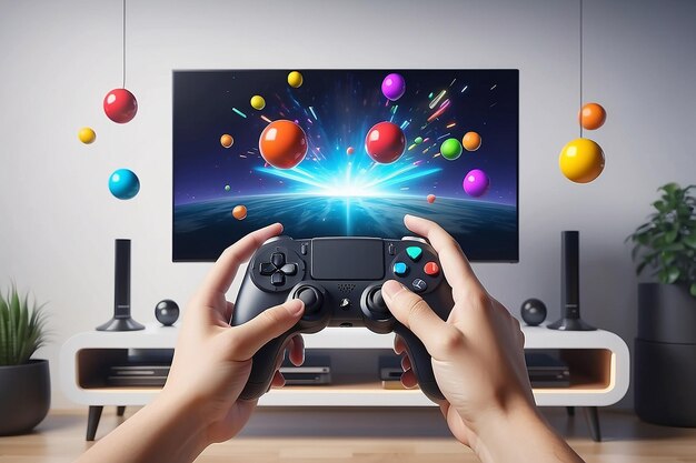 Les mains des personnages de dessins animés tiennent un gamepad devant un téléviseur avec des balles multicolores qui volent concept de jeu vidéo rendu en 3D