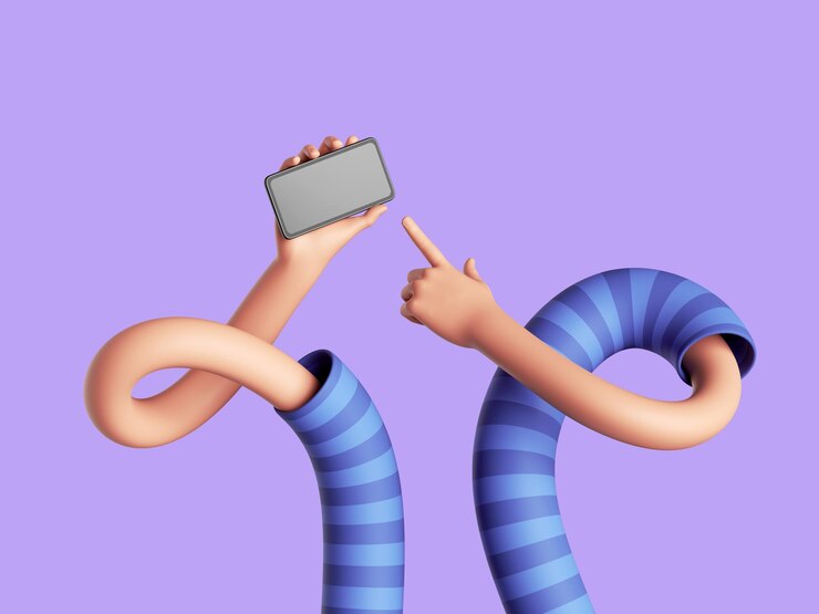 Photo les mains des personnages de dessins animés tiennent le téléphone intelligent et balayent