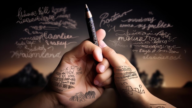 Les mains d'une personne avec les mots "garder le stylo" sur ses mains.