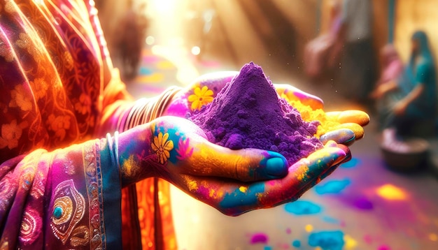 Les mains d'une personne en saris indiens peints avec les couleurs de Holi tenant la poudre du festival de Holi