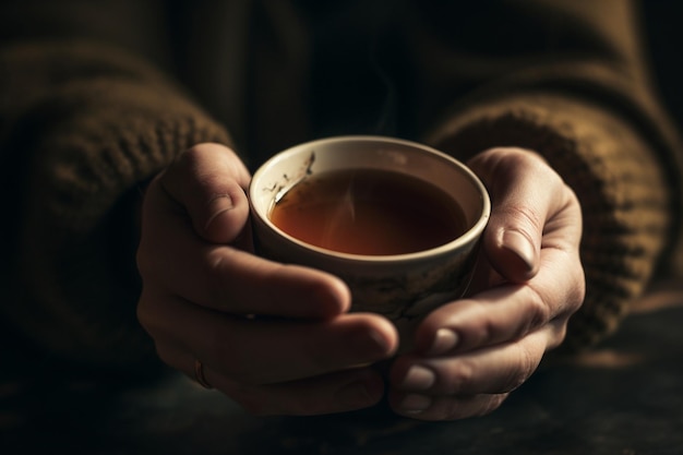 Les mains d'une personne tenant une tasse de café ou de thé représentant le confort et la détente