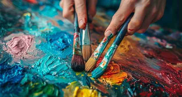 les mains d'une personne tiennent des pinceaux avec des couleurs dessus