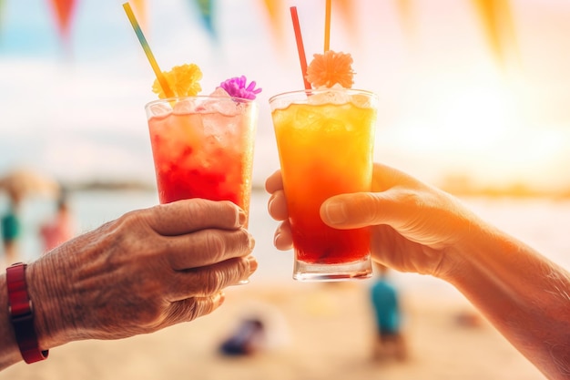Mains de personnes âgées avec des cocktails sur la plage en gros plan