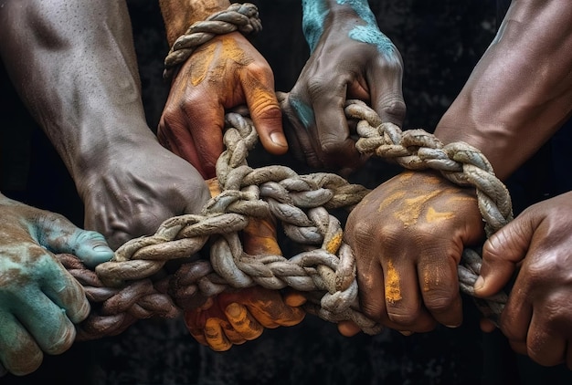 mains de personnes posant une corde pour tenir un nœud pour le public dans le style d'un colorisme vibrant