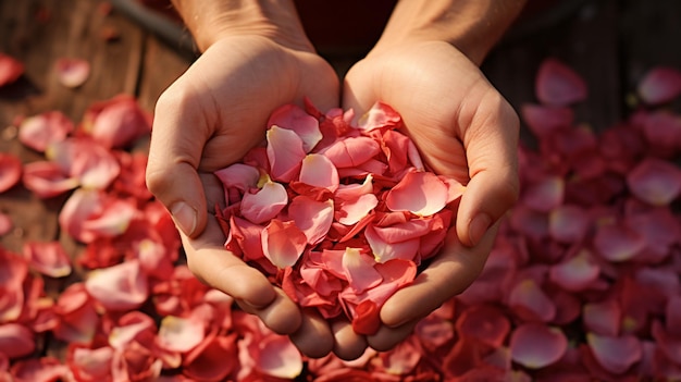 Des mains avec des pétales de rose