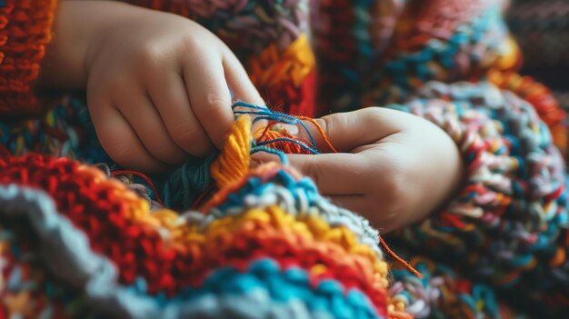 Les mains des petites filles sont occupées à tricoter un foulard coloré