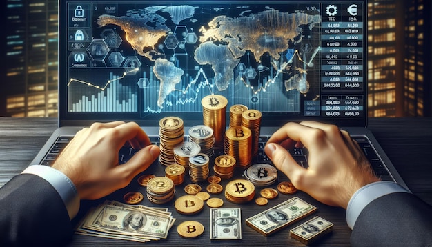 Mains avec des piles de pièces de monnaie barres d'or graphiques diagrammes ordinateur avec une carte du monde planification financière