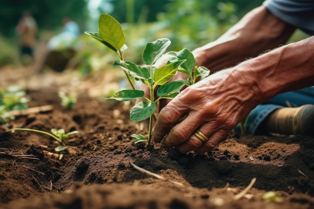 Mains plantant une graine dans le sol d'une forêt Close up Ai générative