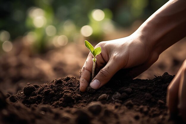 Mains plantant des semis dans une IA générative du sol