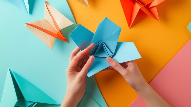 Photo des mains plates de femmes tenant une fleur d'origami avec une pêche et un fond bleu