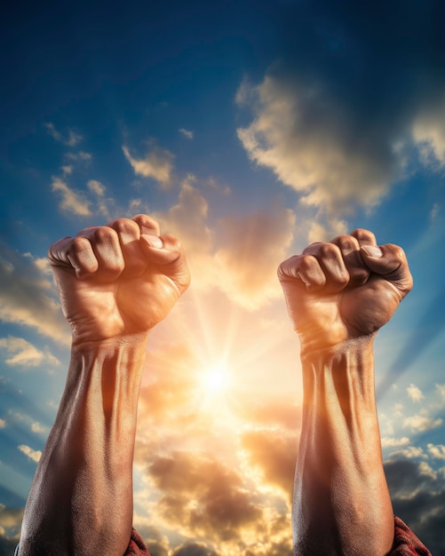 Photo les mains le poing levé contre le fond du ciel