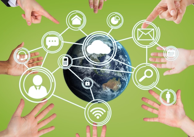 Mains pointant un globe avec des connecteurs