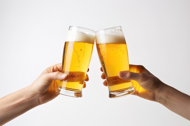 Mains portant un toast avec des verres de bière isolés sur fond blanc