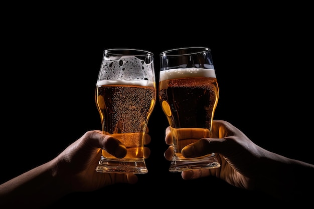 Mains portant un toast avec des verres de bière isolés sur fond noir