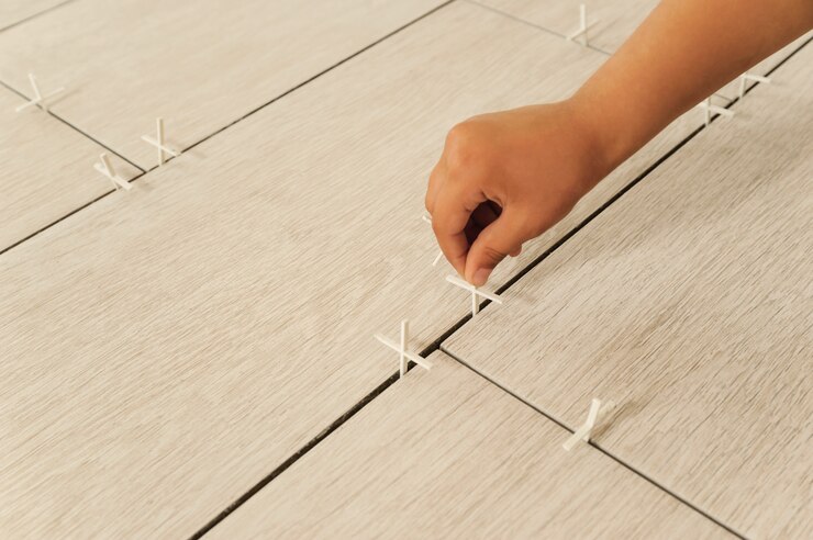 Mains, pose de carreaux de céramique
