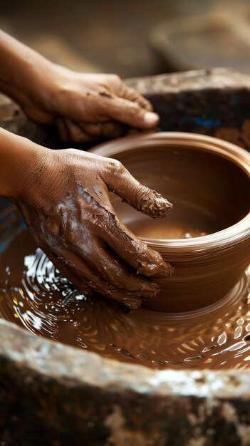 Les mains de la poterie traditionnelle façonnent la terre