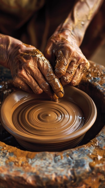Les mains de la poterie traditionnelle façonnent la terre