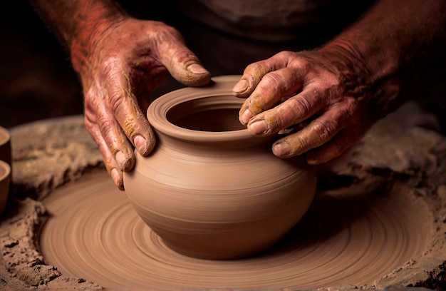 Photo les mains d'un potier créant un pot en terre sur le cercle