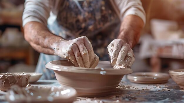 Photo les mains d'un potier créant un pot en terre sur une roue de poterie