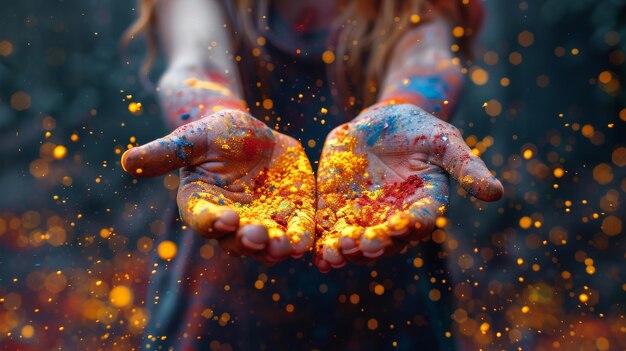 Des mains en poudre Holi pour la fête des couleurs du printemps hindou