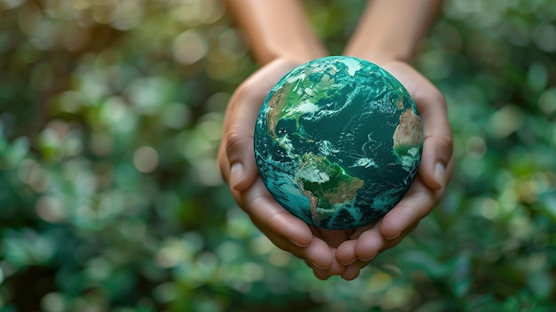 Photo des mains présentant un petit globe terrestre dans la nature