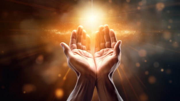 Les mains de prière ouvertes adorent la lumière ou l'esprit de Dieu pour la spiritualité et le christianisme