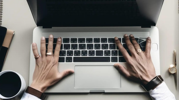 Des mains professionnelles travaillant sur un ordinateur portable dans un bureau contemporain