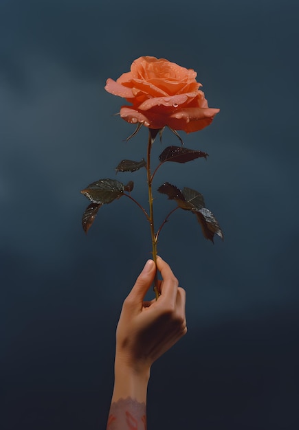 Des mains qui cherchent une fleur dans un ciel sombre.