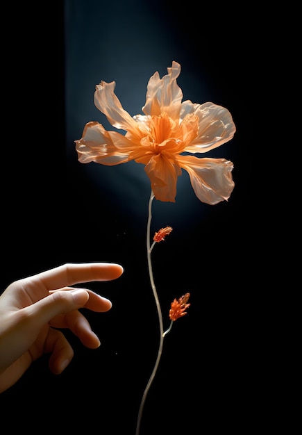 Photo des mains qui cherchent une fleur dans un ciel sombre.