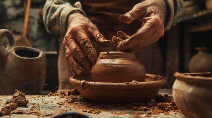 Photo les mains qui créent la poterie
