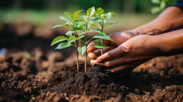 Des mains qui se préparent à planter un petit arbre dans le jardin