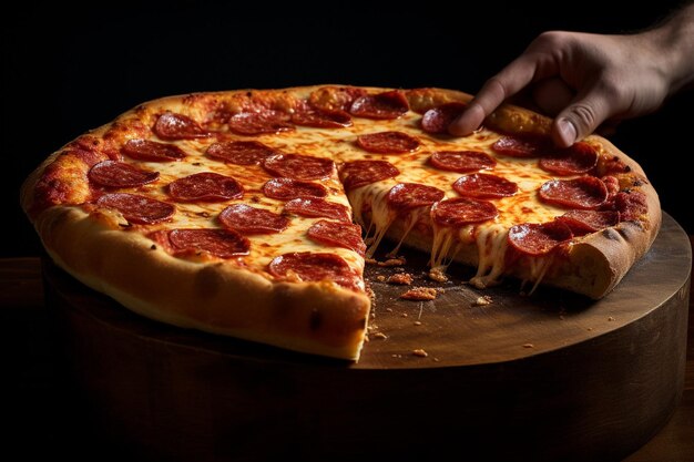 Des mains qui tendent la main pour une tranche de pizza au pepperoni dans un plateau de service