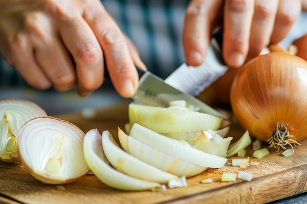 Des mains rapprochées découpent habilement des oignons frais sur une planche à couper en bois dans la cuisine