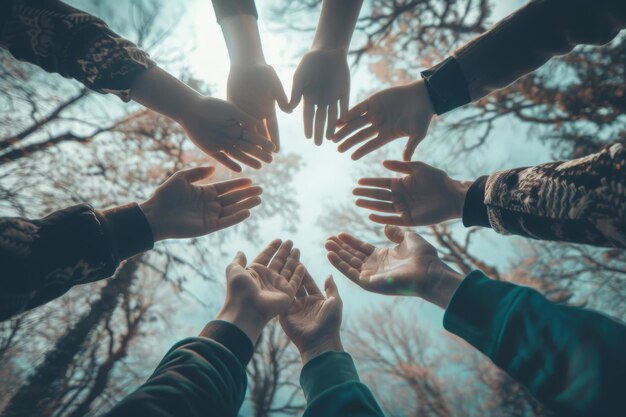 Photo des mains rapprochées ensemble dans un cercle vu d'en bas