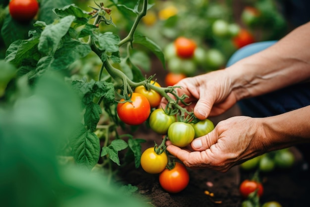 Photo mains récoltant des tomates dans un jardin de ville