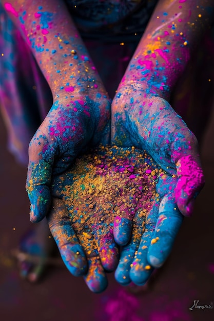 Mains recouvertes de poudre colorée