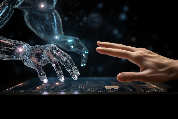 Mains de robot et d'humain touchant ensemble