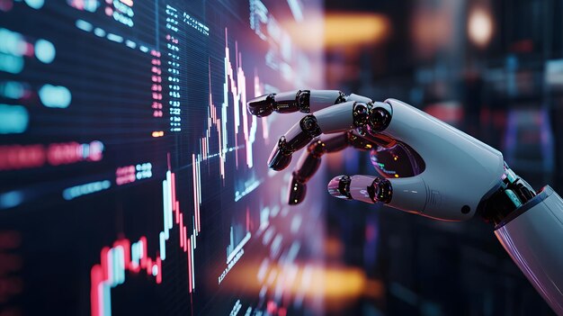 Des mains de robot manipulant des données d'actions virtuelles visualisées dans l'espace 3D sur des surfaces réfléchissantes mettant en évidence le rôle de l'IA dans la visualisation des données financières