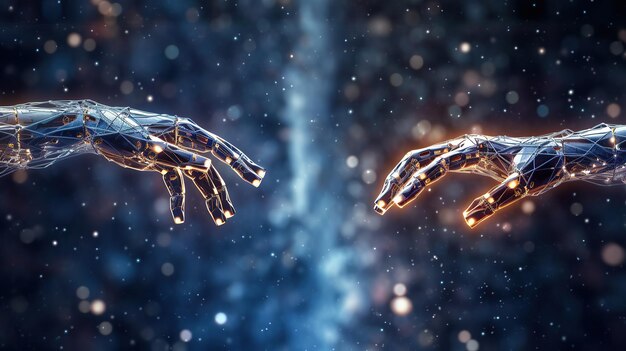 Mains de robot et toucher humain sur fond de connexion au réseau de données volumineuses AI générative
